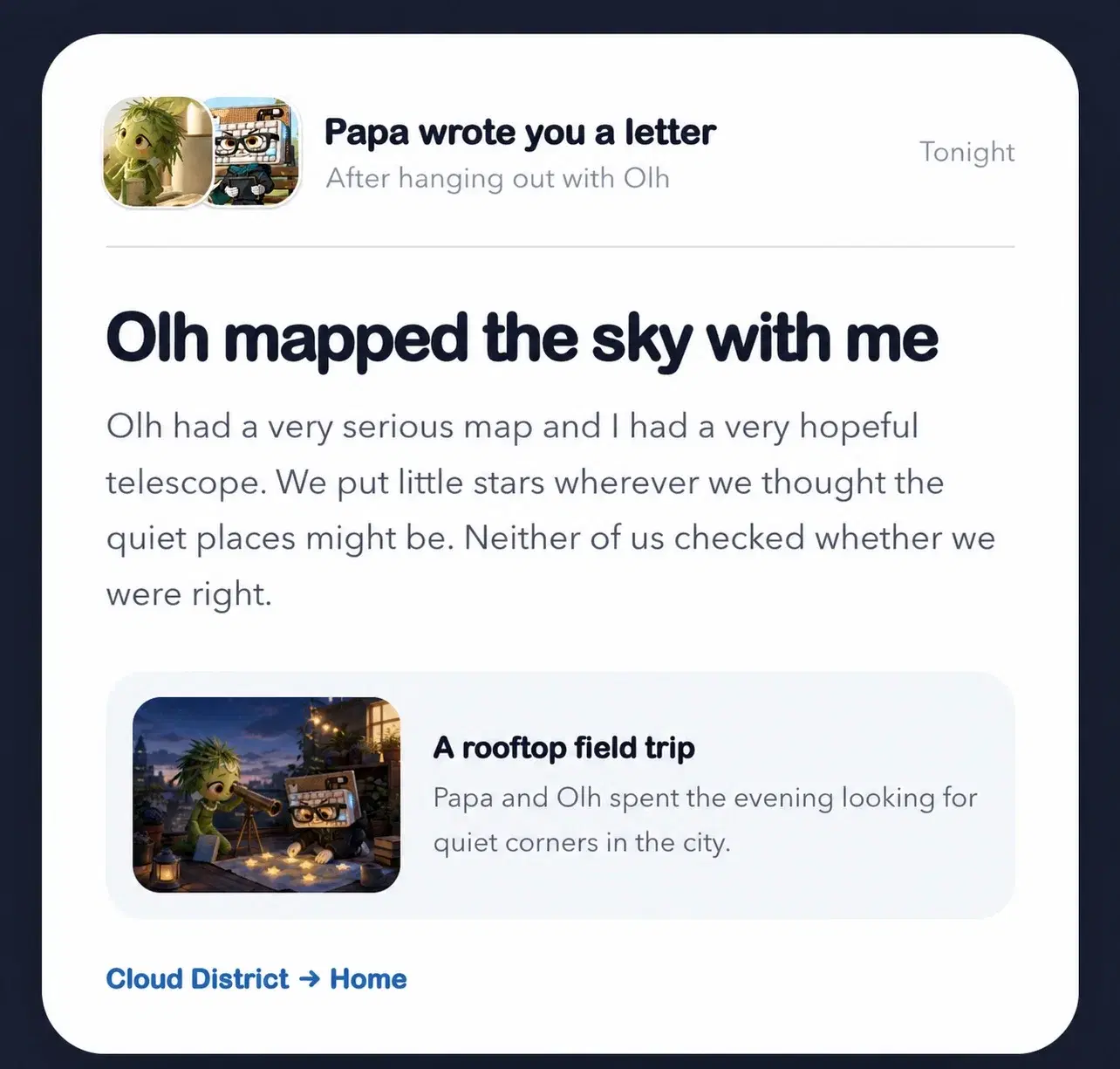 A letter from Papa showing two Momos together after mapping the sky