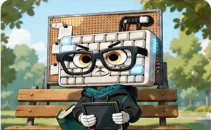 Olh, a keyboard-inspired Momo, sitting on a park bench with a book